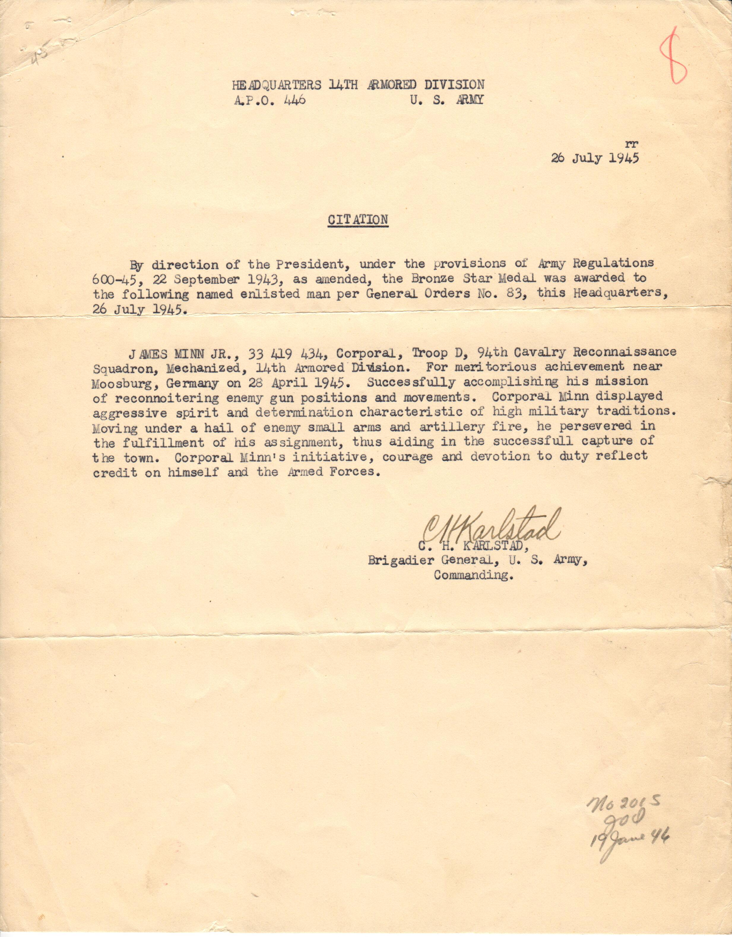 Bronze Star Metal Award Citation p.2, 1945